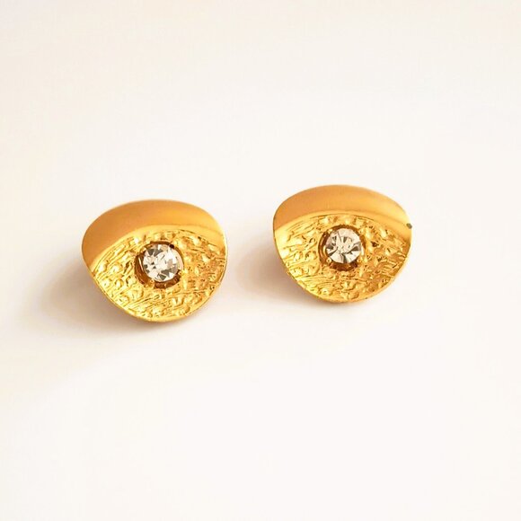 Vintage Textured Clip-On Earrings Statement Gold Tone Pronged Center Clear Stone - Picture 4 of 7